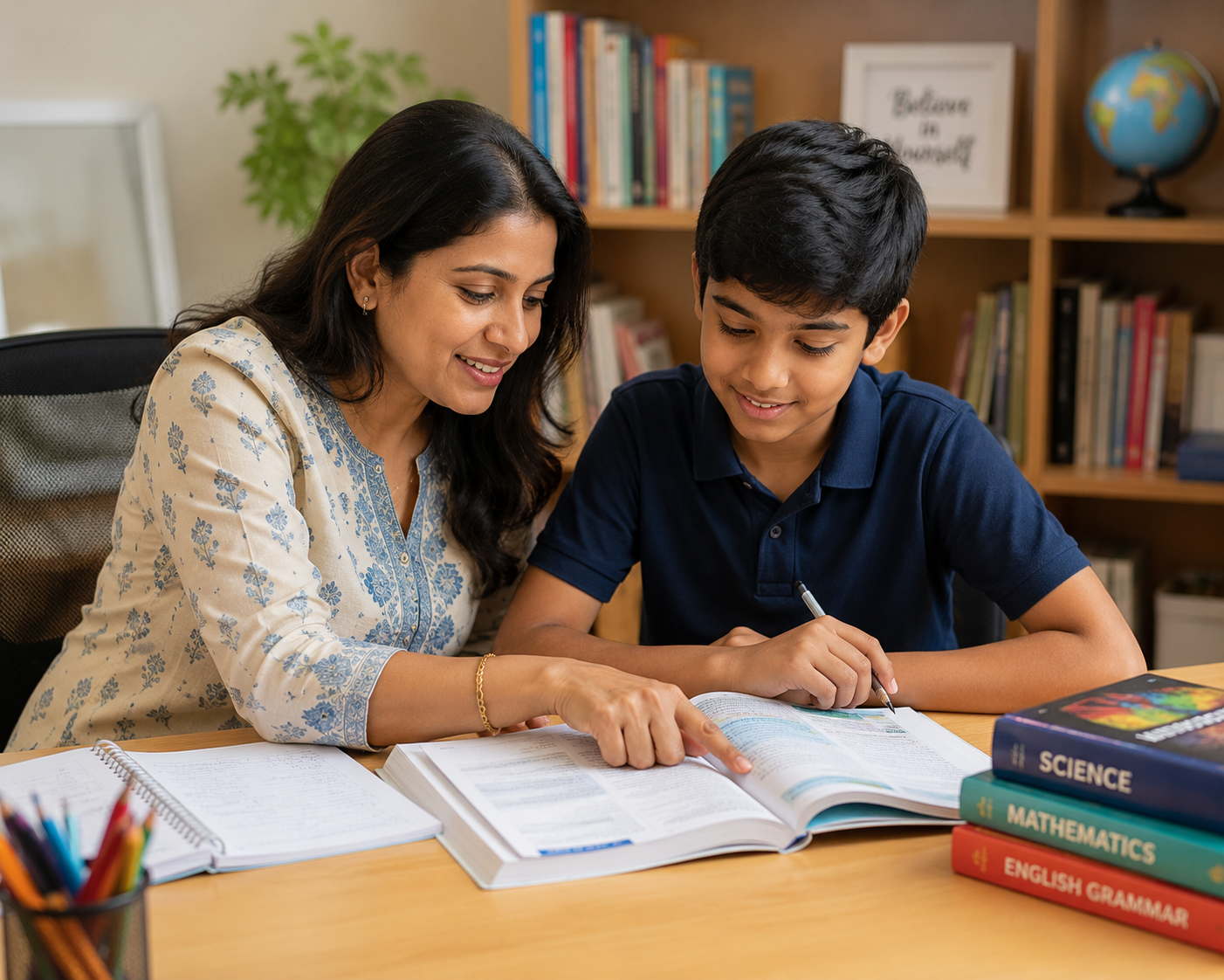 Teacher guiding a student in tuition