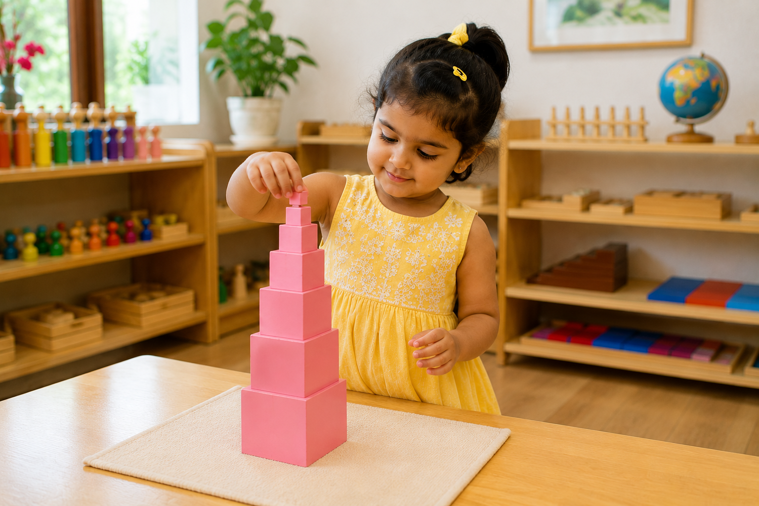 Child stacking Pink Tower and exploring Montessori sensorial materials