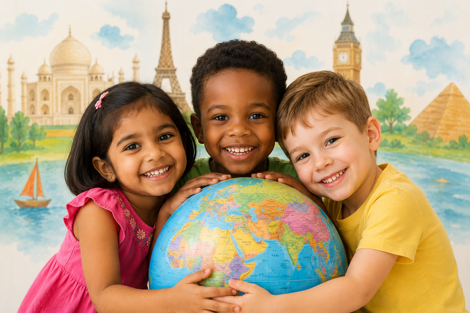 Children exploring a globe and celebrating cultures from around the world
