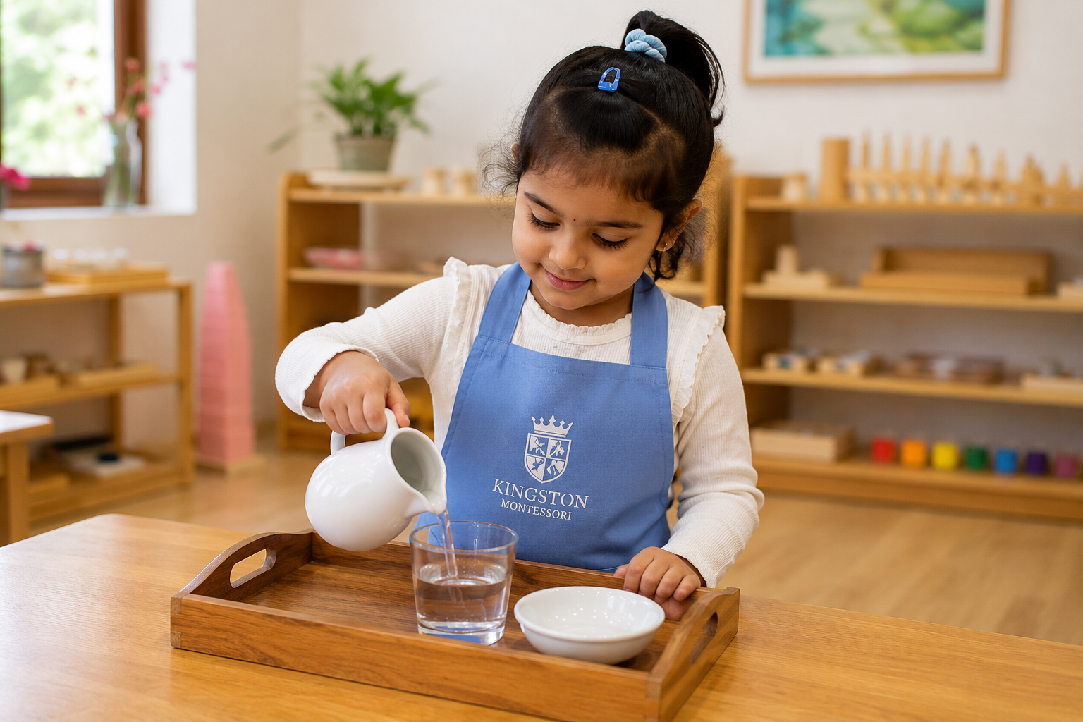 Child practising Practical Life activities — pouring water, dressing frames