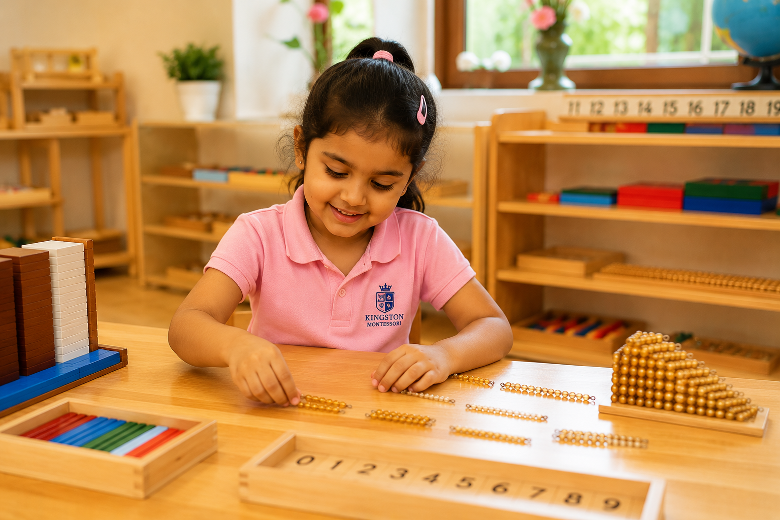 Child working with Montessori Golden Beads and Number Rods