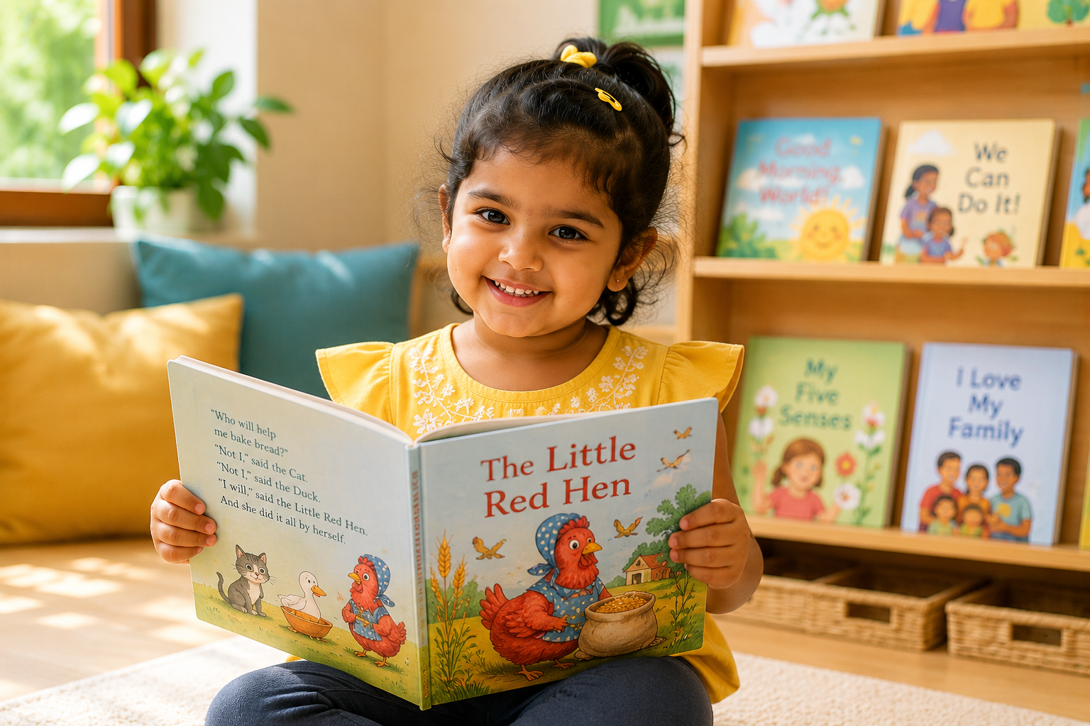 Child reading a picture book and exploring language materials
