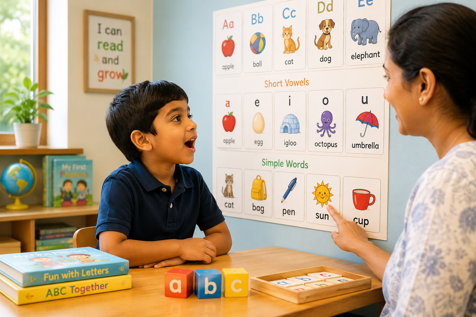 Child practising phonics and reading